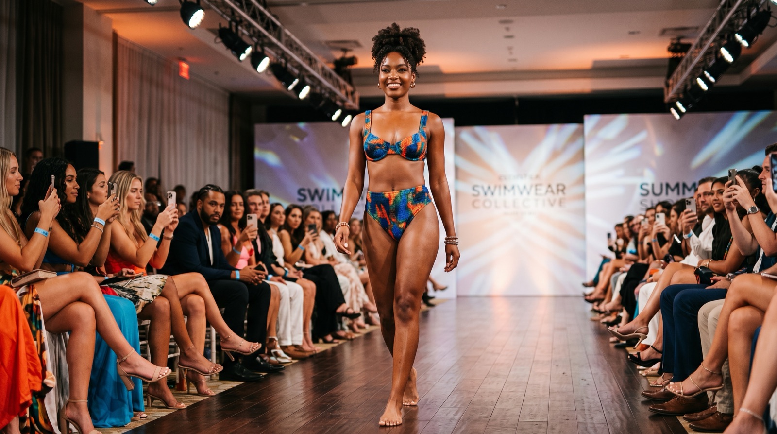 A model on the runway at the Summer Swimwear Collective showcase in a vivid pink and blue bikini.