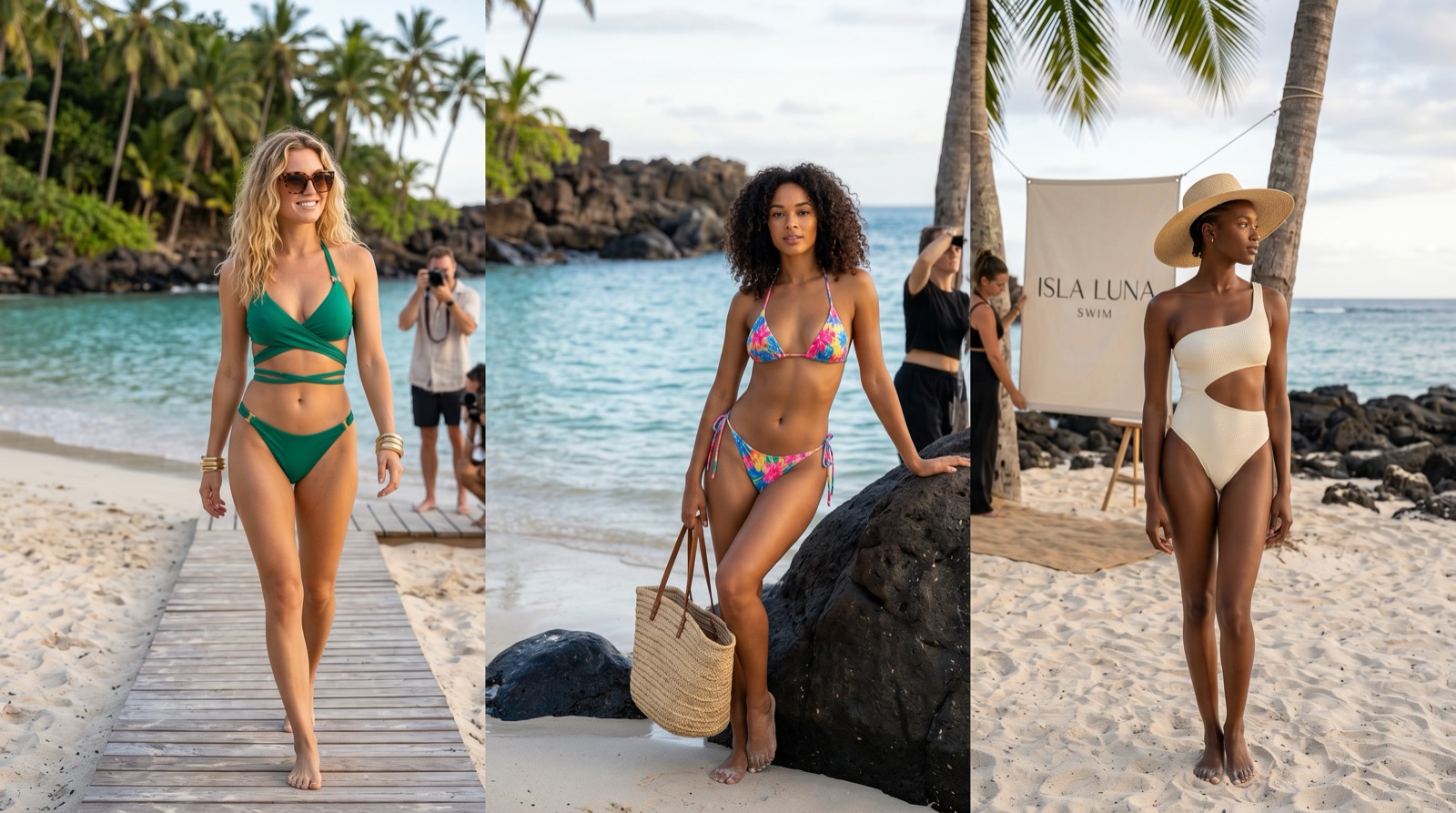 Three models walking together on a tropical beach in pieces from the Luna d’Oro Island Collection.